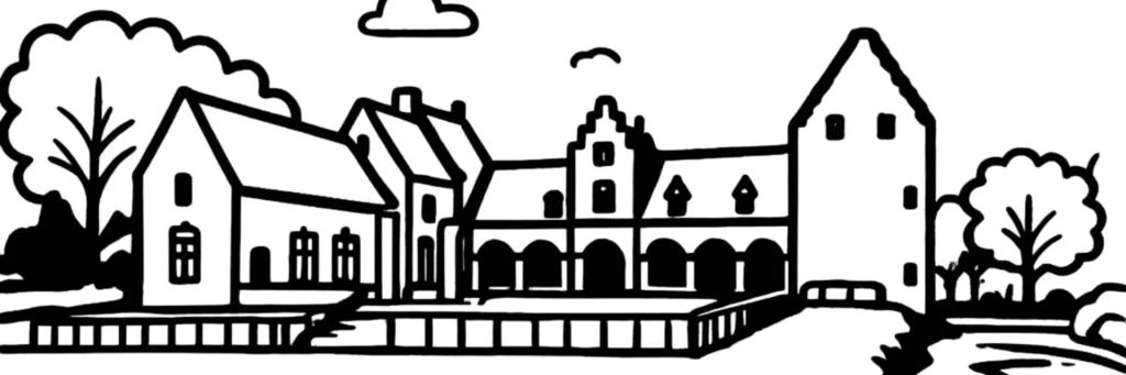 Illustration au trait du quartier de Brigode au sud-est de Villeneuve-d'Ascq : un secteur pavillonnaire verdoyant près du golf de Brigode et du parc scientifique de la Haute-Borne, illustration au trait