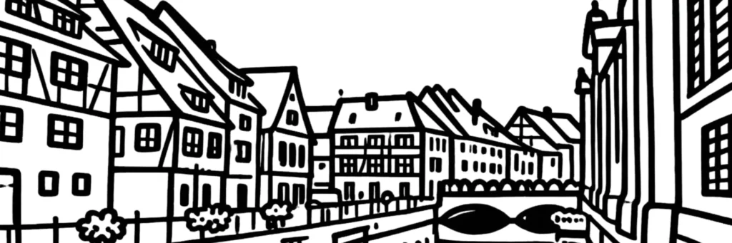 Les maisons à colombages et le canal de la Petite Venise à Colmar, illustration au trait d'un article sur la taxe foncière