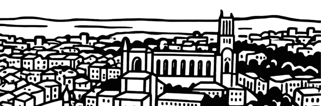 Line illustration of Albi, on the Tarn: the Sainte-Cécile cathedral, the Palais de la Berbie, line illustration