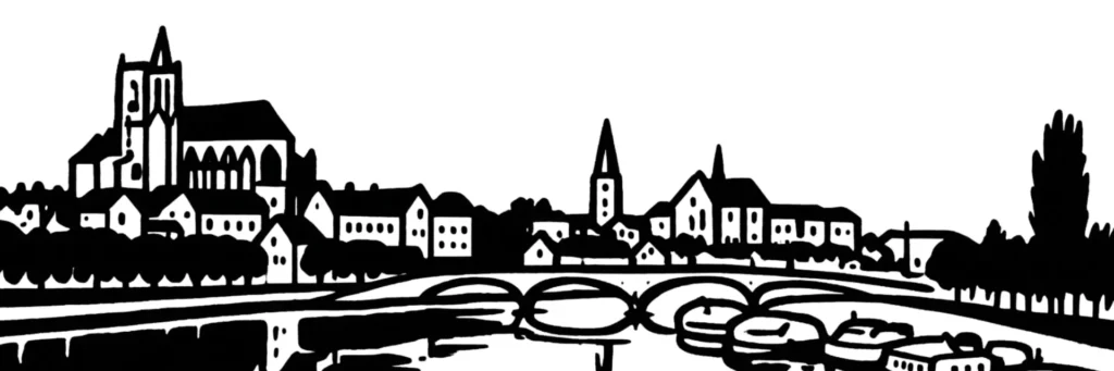 Illustration au trait d'Auxerre : la cathédrale Saint-Étienne et l'abbaye Saint-Germain dominant les quais de l'Yonne