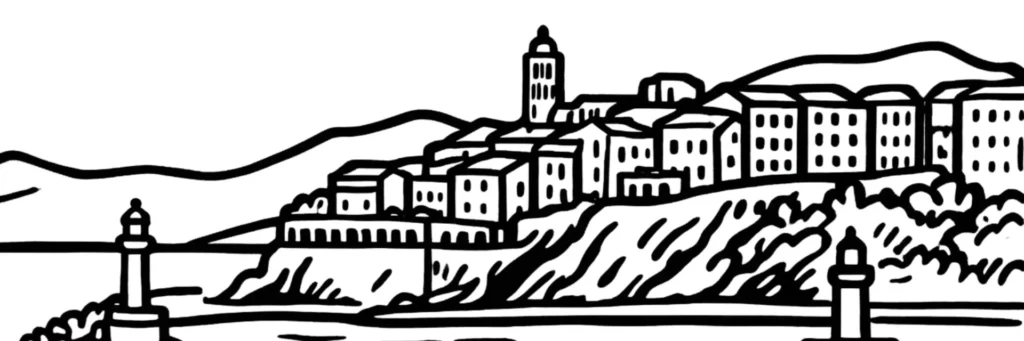 Illustration au trait de Bastia : le Vieux-Port et ses façades hautes, l'église Saint-Jean-Baptiste, illustration au trait