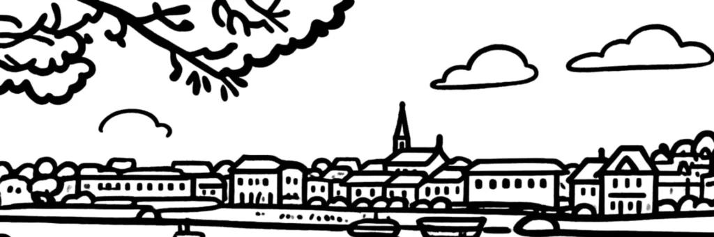 Illustration au trait de Bergerac : les maisons à colombages du vieux centre