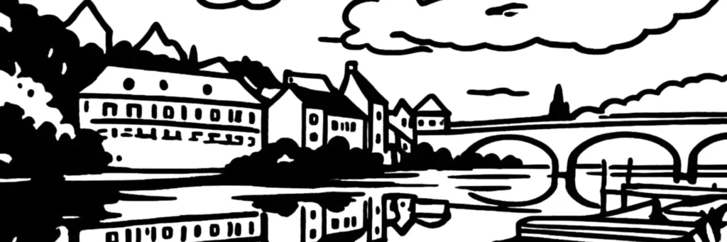 Illustration au trait de Brive-la-Gaillarde, sur la Corrèze : la collégiale Saint-Martin, illustration au trait