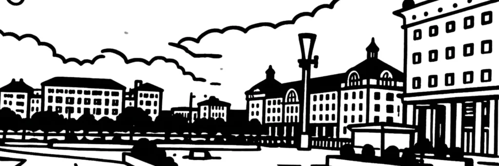 Illustration au trait de Bussy-Saint-Georges : la Grand-Place, les immeubles récents du centre et le parcours de golf