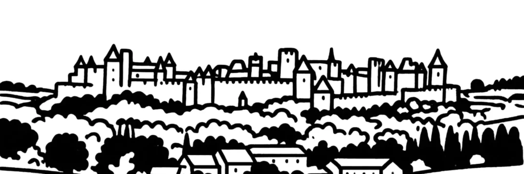 Illustration au trait de Carcassonne : les remparts de la Cité médiévale sur la rive droite de l'Aude, illustration au trait