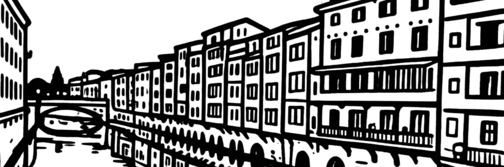 Illustration au trait de Castres : les maisons sur l'Agout aux façades colorées, le pont Vieux et le jardin de l'Évêché
