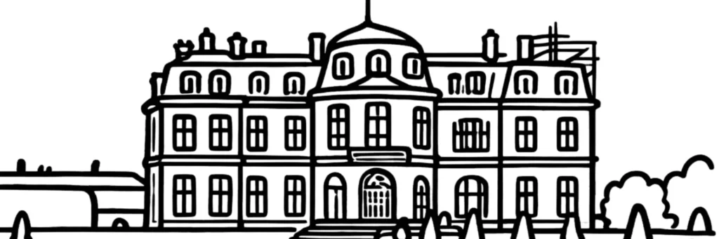 Illustration au trait de Champs-sur-Marne : le château, les berges de la Marne et les immeubles de la Cité Descartes