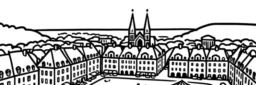 Illustration au trait de Charleville-Mézières : les arcades de la place Ducale