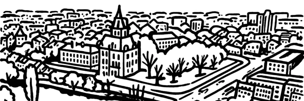 Illustration au trait de Châteauroux : le château Raoul dominant l'Indre, le couvent des Cordeliers et le lac de Belle-Isle