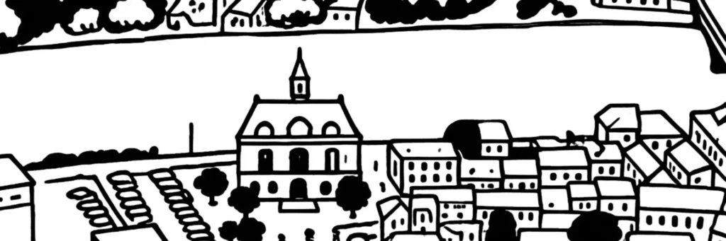 Illustration au trait de Corbeil-Essonnes : les Grands Moulins de Corbeil au bord de la Seine, illustration au trait