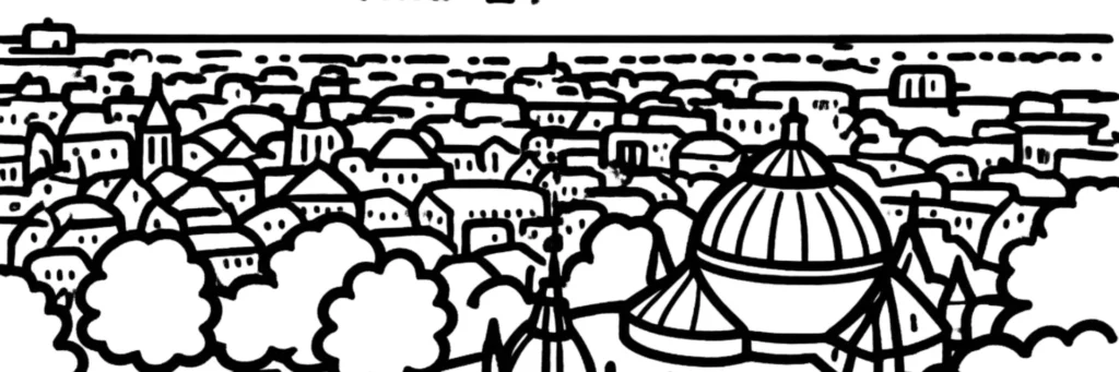 Illustration au trait de Dreux : le beffroi Renaissance, la chapelle royale Saint-Louis sur sa butte et les toits du centre