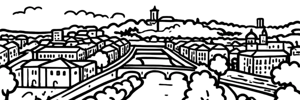 Illustration au trait d'Épinal : la basilique Saint-Maurice, le château sur sa colline et les quais de la Moselle