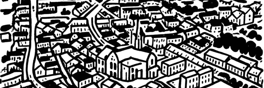 Illustration au trait d'Étampes : la tour de Guinette, la collégiale Notre-Dame-du-Fort et les bords de la Juine
