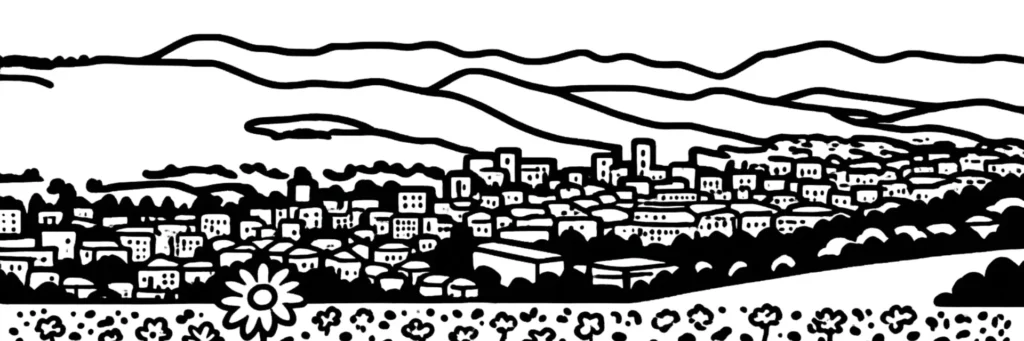Illustration au trait de Gap : la vieille ville au pied de la montagne de Charance