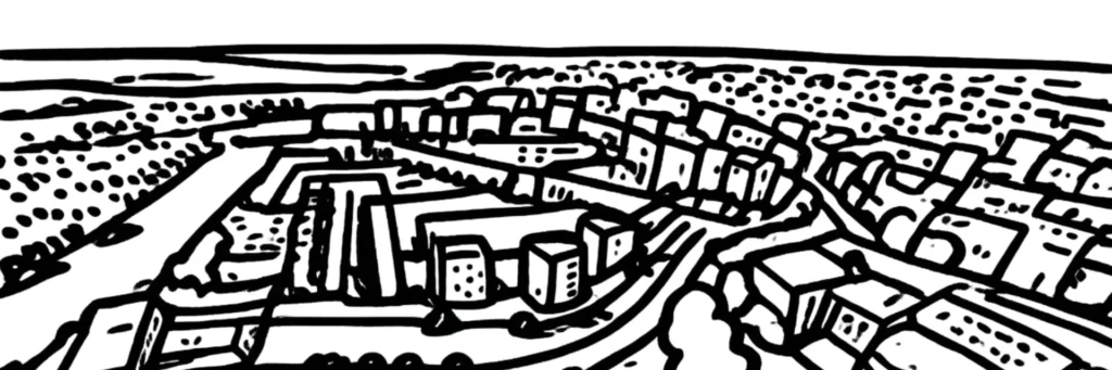 Illustration au trait de Garges-lès-Gonesse : les tours de la Dame Blanche, l'église Saint-Martin du Vieux Pays et le tramway