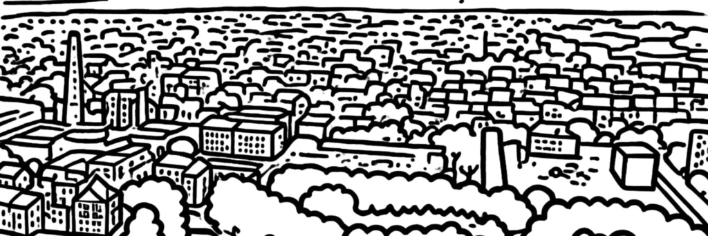 Illustration au trait du Blanc-Mesnil : la chapelle du Vieux Pays, les barres des Tilleuls et les pavillons de l'ouest