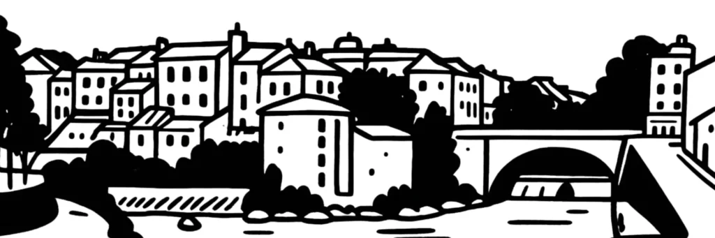 Illustration au trait de Mont-de-Marsan : le donjon Lacataye, les arènes du Plumaçon et le confluent du Midou et de la Douze