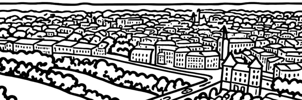 Illustration au trait de Montauban : les couverts de brique de la place Nationale, illustration au trait