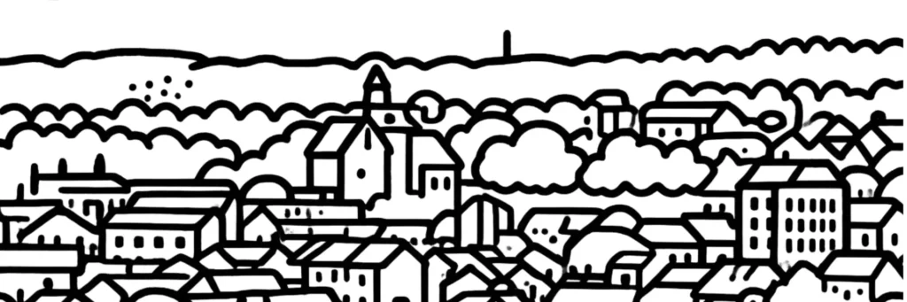 Illustration au trait de Montluçon : le château des ducs de Bourbon sur son éperon, l'église Notre-Dame et les quais du Cher