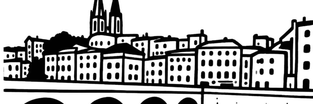 Illustration au trait de Niort, sur la Sèvre Niortaise : le donjon, les halles, illustration au trait