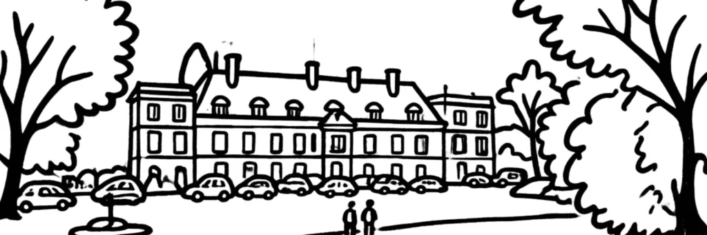 Illustration au trait de Ris-Orangis : les berges de la Seine, le clocher du vieux Ris et les immeubles du plateau