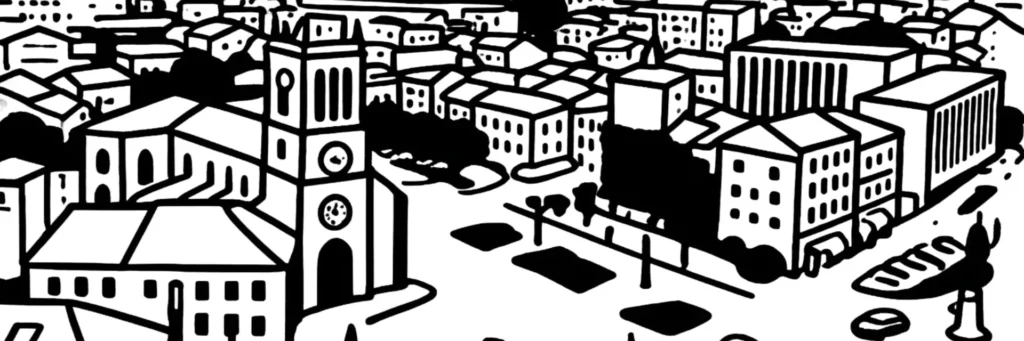 Illustration au trait de Roanne : les quais de la Loire, le port de plaisance du canal et les toits du centre ancien