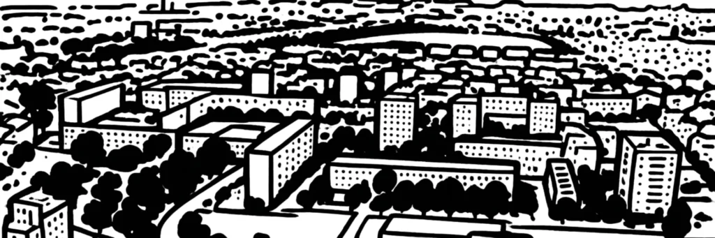 Illustration au trait de Saint-Étienne-du-Rouvray : les pavillons du centre