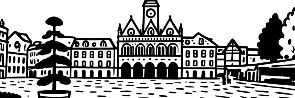 Illustration au trait de Saint-Quentin : la basilique gothique dominant les toits du centre