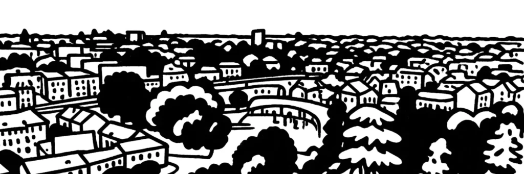 Illustration au trait de Savigny-sur-Orge : le pavillonnaire du plateau, la vallée de l'Orge et la gare du RER C