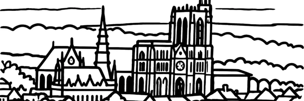 Illustration au trait de Sens : la cathédrale Saint-Étienne, le marché couvert et les quais de l'Yonne