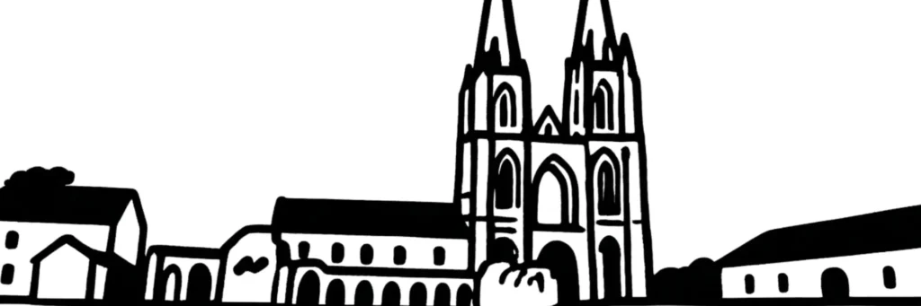 Illustration au trait de Soissons : les tours de l'abbaye Saint-Jean-des-Vignes, la cathédrale et les berges de l'Aisne