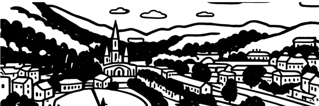 Illustration au trait de Tarbes : le jardin Massey et son cloître, la halle Brauhauban et la chaîne des Pyrénées à l'horizon