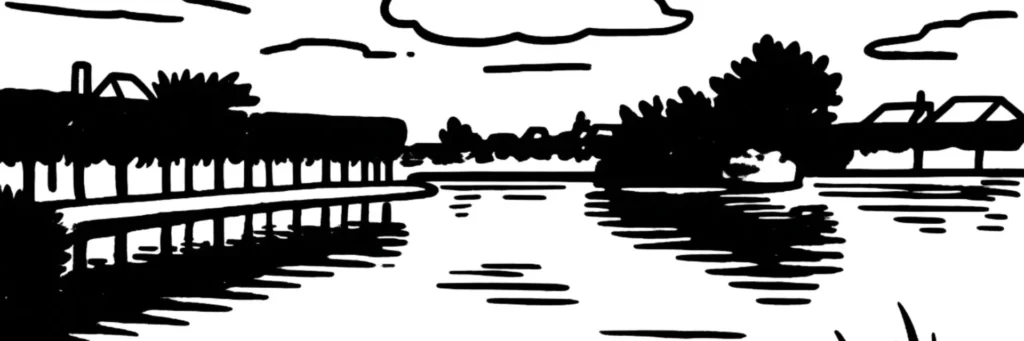 Illustration au trait de Vigneux-sur-Seine : les lacs, les berges de la Seine et les immeubles du quartier de la gare