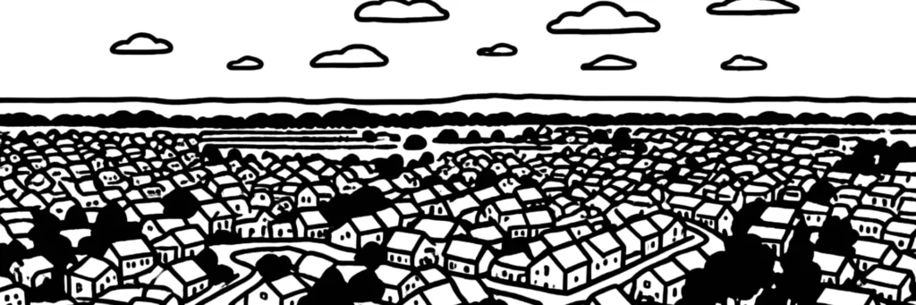 Illustration au trait de Villeparisis : le canal de l'Ourcq, les pavillons et les immeubles du centre