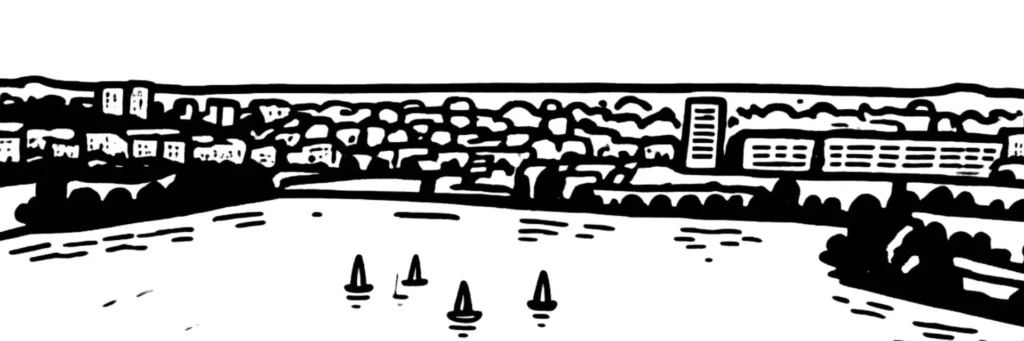 Illustration au trait de Viry-Châtillon : le lac, les pavillons du plateau et la plaine de Port-Aviation au bord de la Seine