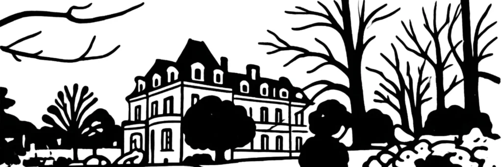Illustration au trait de Yerres : la propriété Caillebotte, les berges de l'Yerres et les maisons du centre-ville