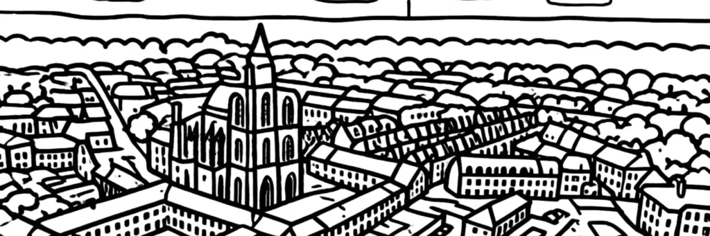 Illustration au trait d'Abbeville : la collégiale Saint-Vulfran au-dessus des toits, au bord de la Somme