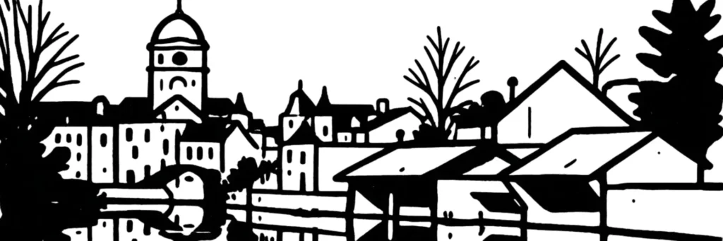 Illustration au trait d'Alençon : le château des ducs, la basilique Notre-Dame, la halle au blé et les maisons en granite