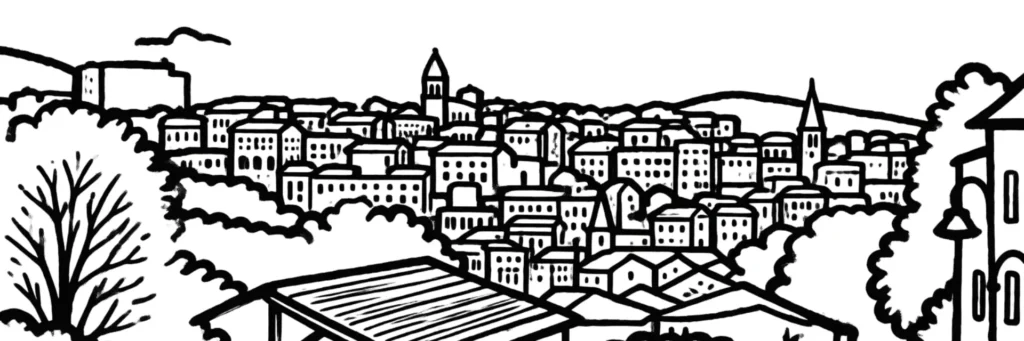 Illustration au trait d'Annonay : maisons étagées au-dessus de la Deûme