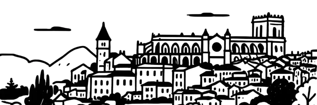 Illustration au trait d'Auch : la cathédrale Sainte-Marie et la haute ville au-dessus du Gers