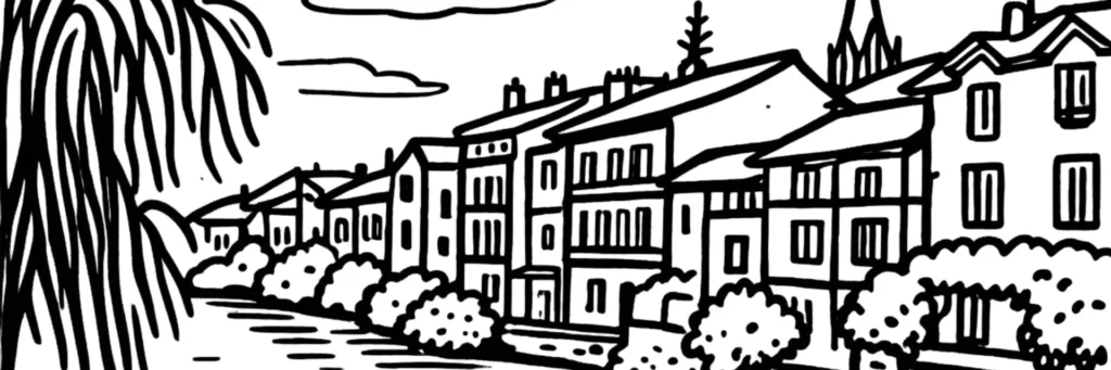 Illustration au trait d'Aurillac : le clocher de l'abbatiale Saint-Géraud, le château Saint-Étienne sur sa butte