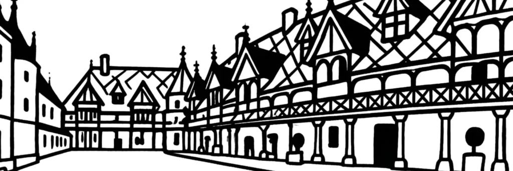 Illustration au trait de Beaune : les toits de tuiles vernissées de l'Hôtel-Dieu et les remparts de la ville ancienne