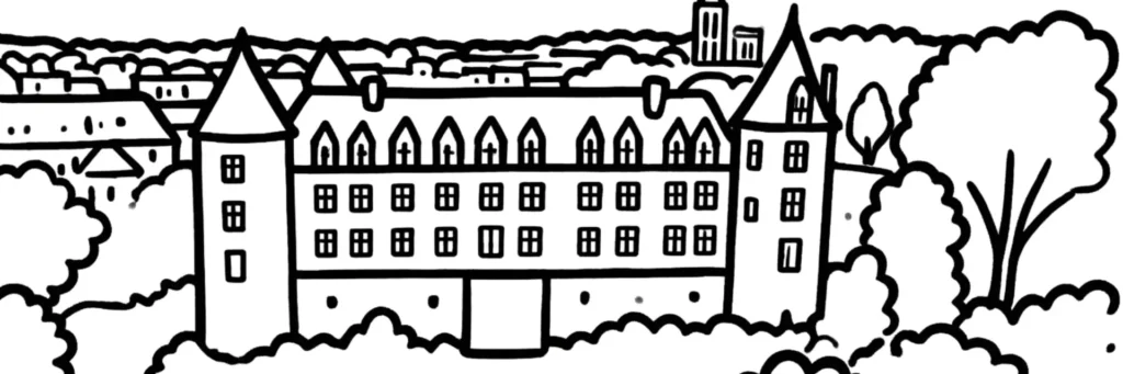 Illustration au trait de Beaupréau-en-Mauges, le château au-dessus de la vallée de l'Èvre, les clochers des bourgs des Mauges et le bocage alentour