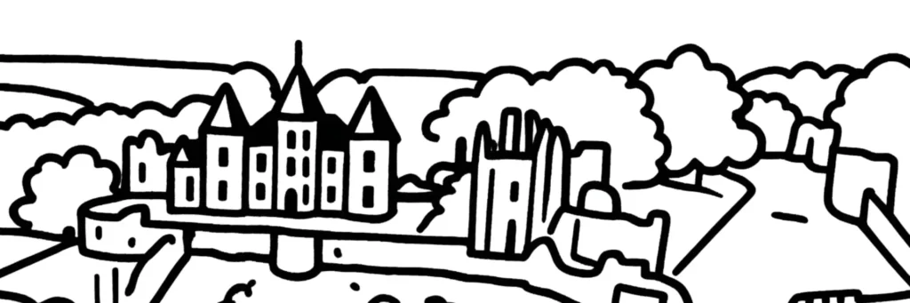 Illustration au trait de Bressuire : ruines du château médiéval sur son éperon rocheux