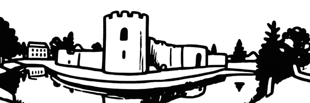 Illustration au trait de Brie-Comte-Robert : enceinte carrée du château médiéval et ses tours d'angle au bord des douves
