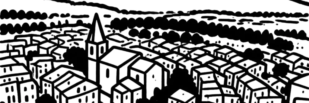 Illustration au trait de Brignoles : vieille ville étagée sur sa colline, clocher de l'église Saint-Sauveur