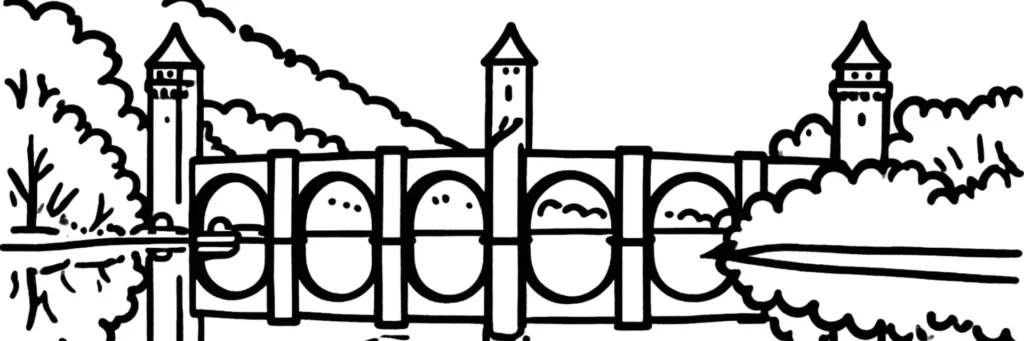 Illustration au trait de Cahors : le pont Valentré et ses trois tours au-dessus du Lot