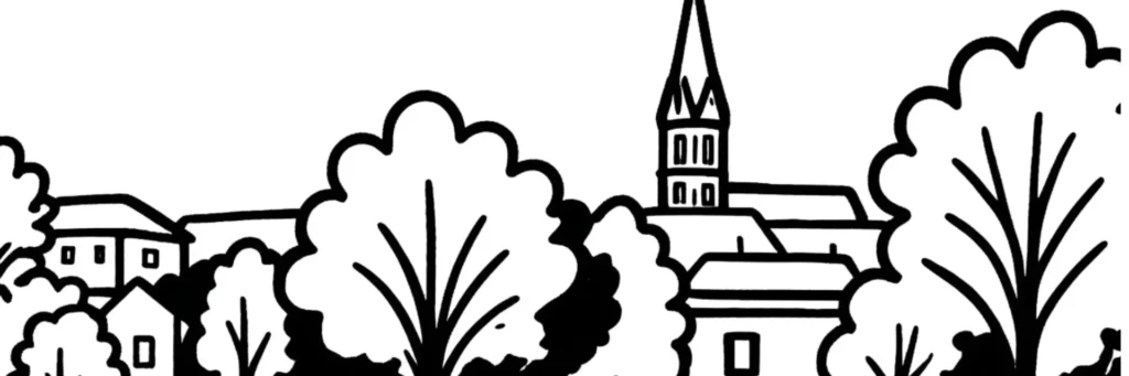 Illustration au trait de Carquefou : l'église du centre-bourg et les bords de l'Erdre