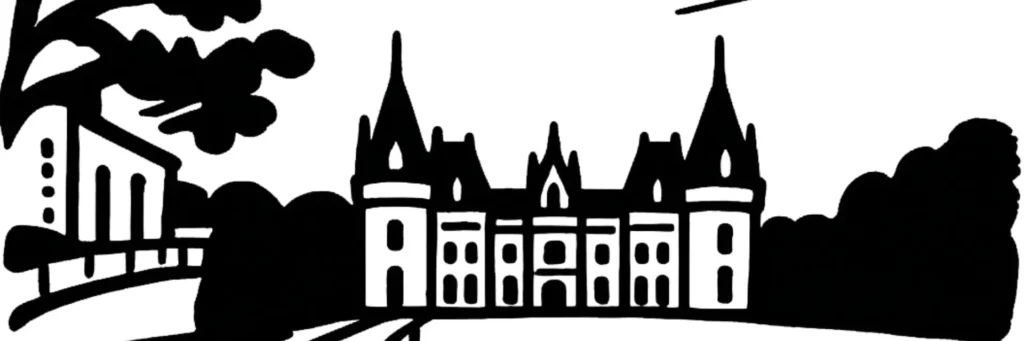 Illustration au trait de Chemillé-en-Anjou, le clocher de l'église Saint-Pierre, des plantes médicinales et le bocage