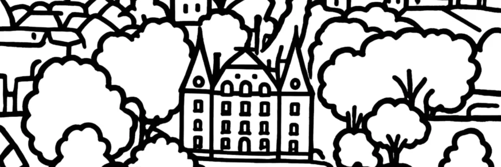 Illustration au trait de Chilly-Mazarin : le château devenu hôtel de ville, ses douves et le canal du parc